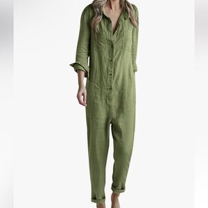 One Piece Jumpsuit Casual Button Down Coverall Olive Green Size 3XL